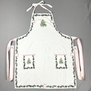 Sur La Table Christmas Apron White Cotton Tree Holly Print 29x36 Holiday Festive